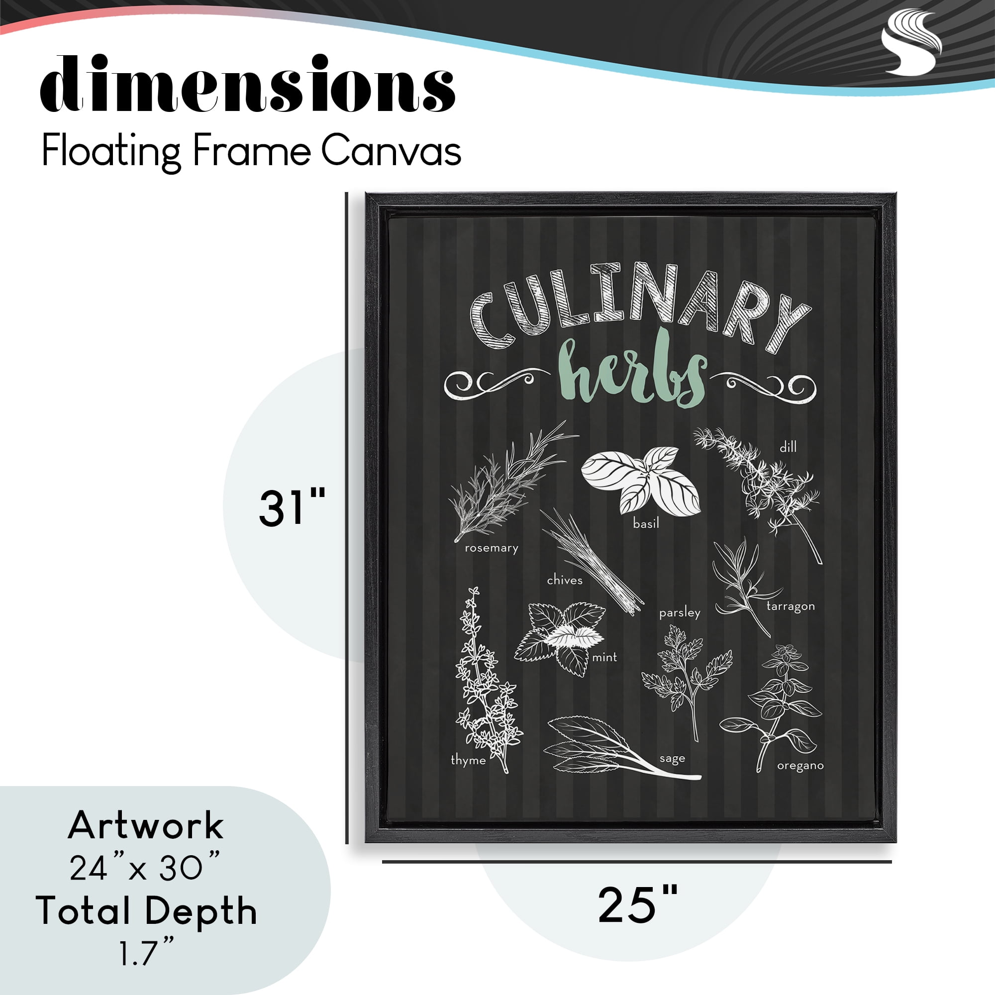 Culinary Herbs on Stripes Black Framed Floater Canvas Wall Art, design by Lettered and Lined