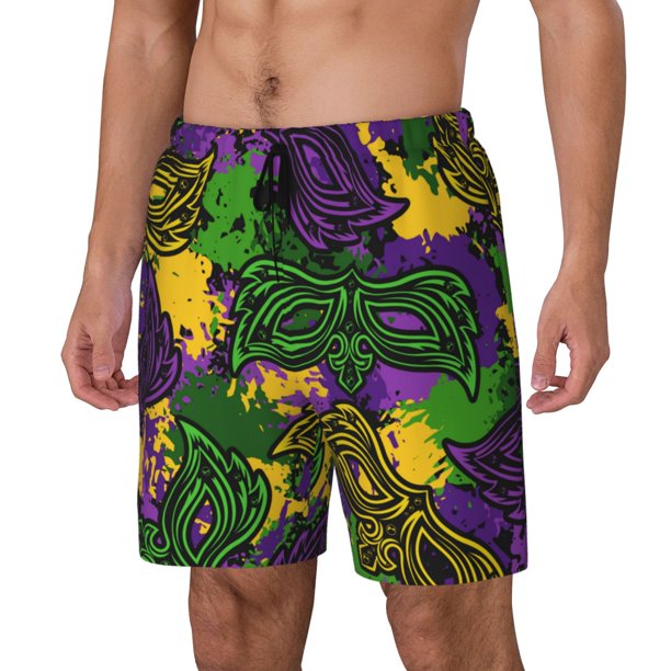 Balery Mardi Gras7 Bañador para hombre, shorts de playa de secado rápido con entrepierna y forro de compresión-3X-Large