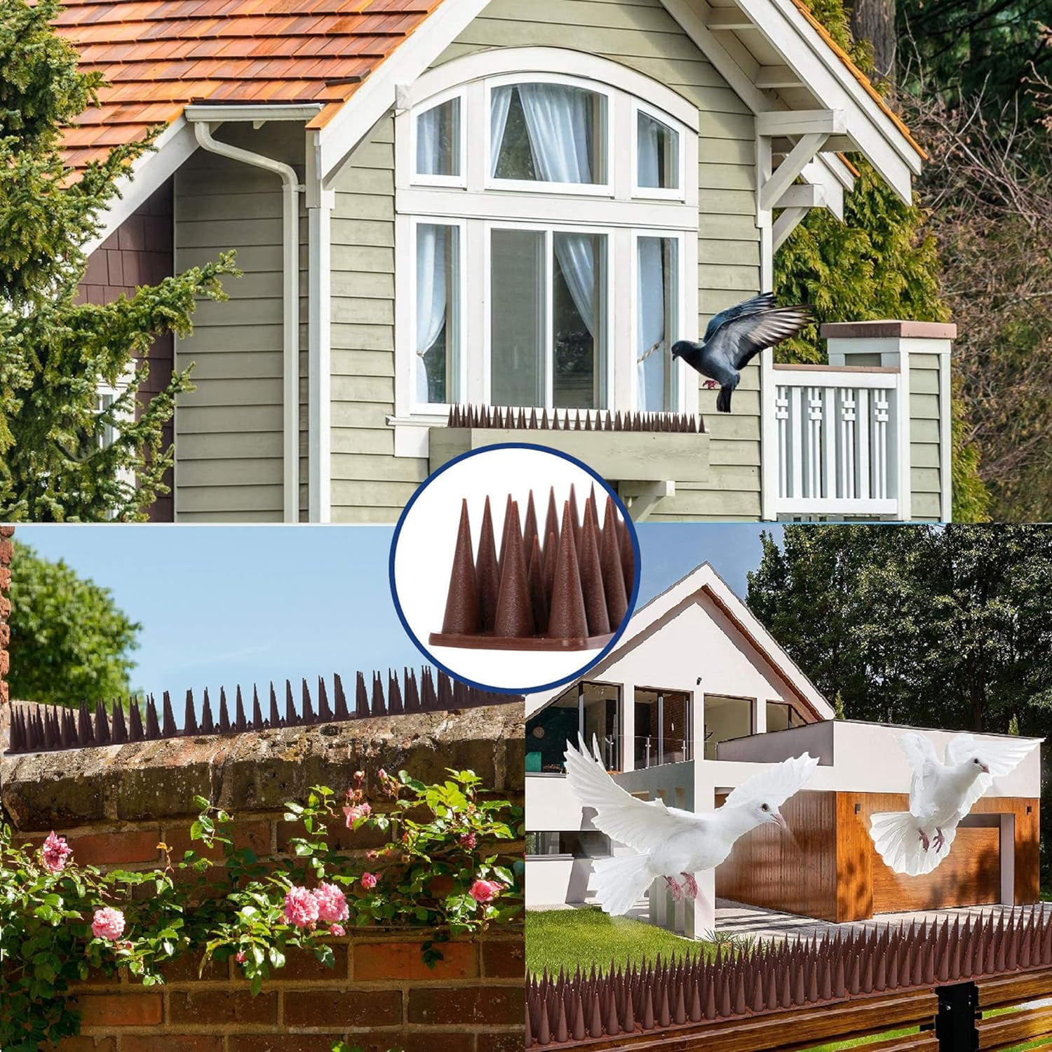 Defender Bird Spikes for Pigeon, Cat, Raccoon & Small Animals - Protect Your Sofa, Garden, Outdoor Walls, Anti Climb, Plastic Fence Spikes 24pack [34FT], Brown