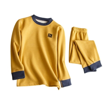 CYRBOKO Thermal Sets for Boys Cotton Long Sleeve Winter Elastic Waist Underwear Sets Yellow Size 7-8 T