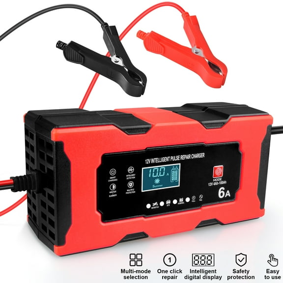 Car Battery Charger,12V/6Amp Automatic Battery Maintainer,Smart Trickle Charger with Temperature Compensation Auto Stop Intelligent Pulse Repair Charger for Lead Acid Batteries Car Truck Motorcycle