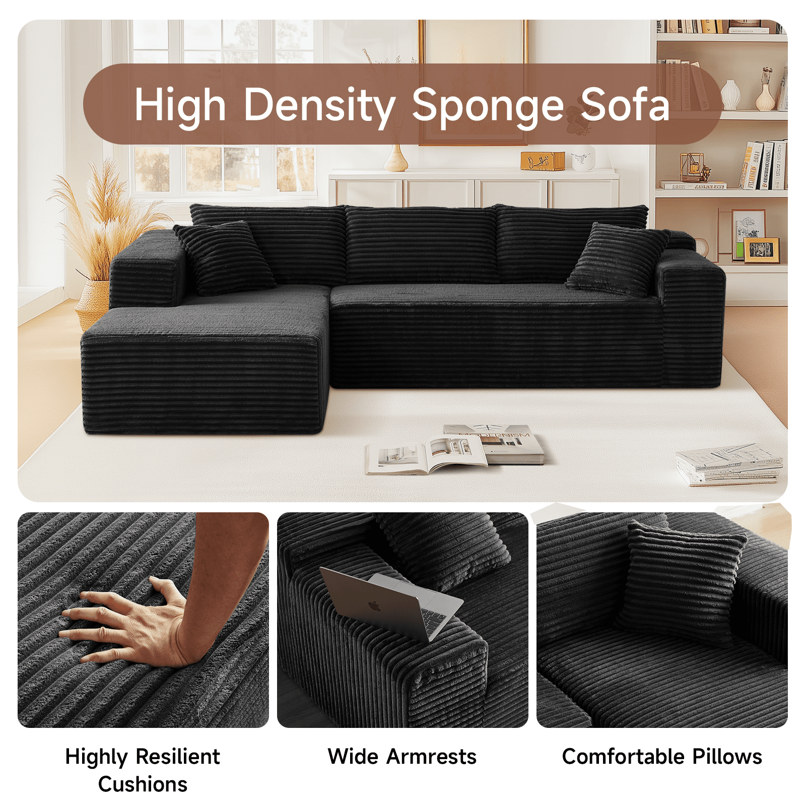 104" Flannel Sectional Sofa, L-Shaped Modern Modular High-Density Sponge Corner Sofa with Chaise Lounge & Pillows, Upholstered Cloud Couch for Living Room Bedroom Apartment
