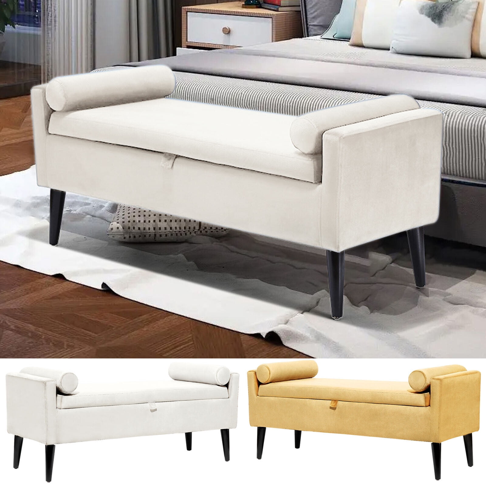 Dazone Armed Indoor Storage Bench With 2 Round Pillows, 47 inches Ottoman with Storage, Velvet