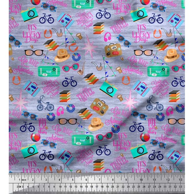 Soimoi Polyester Crepe Fabric Camera,Hat & Briefcase Travel Print Fabric by Yard 52 Inch Wide