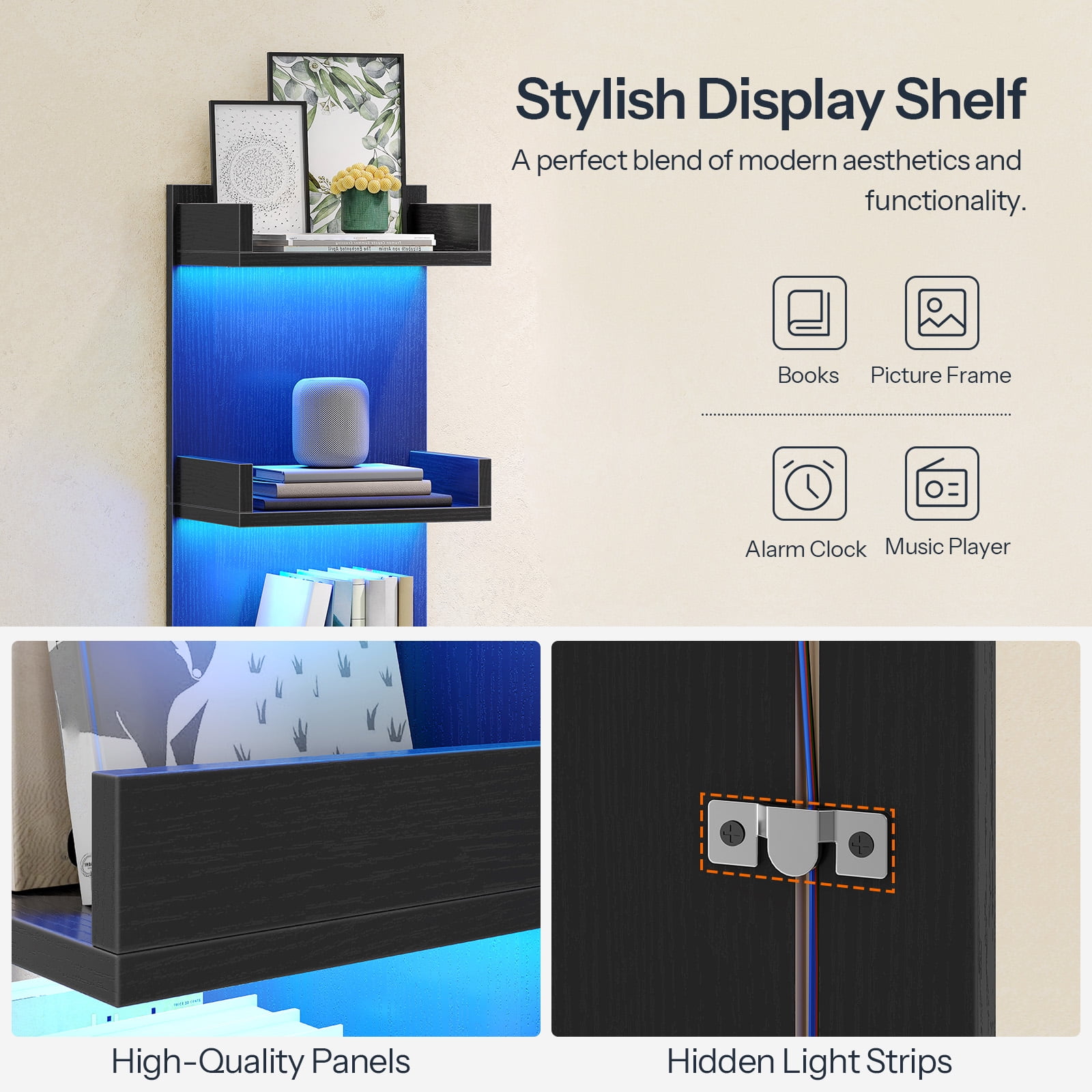 Vertical 4-Tier LED Floating Wall Shelves, Black