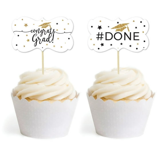 White and Gold Glittering Graduation, Cupcake Topper DIY Party Favors Kit, Fancy Frame Shape, 18-Pack