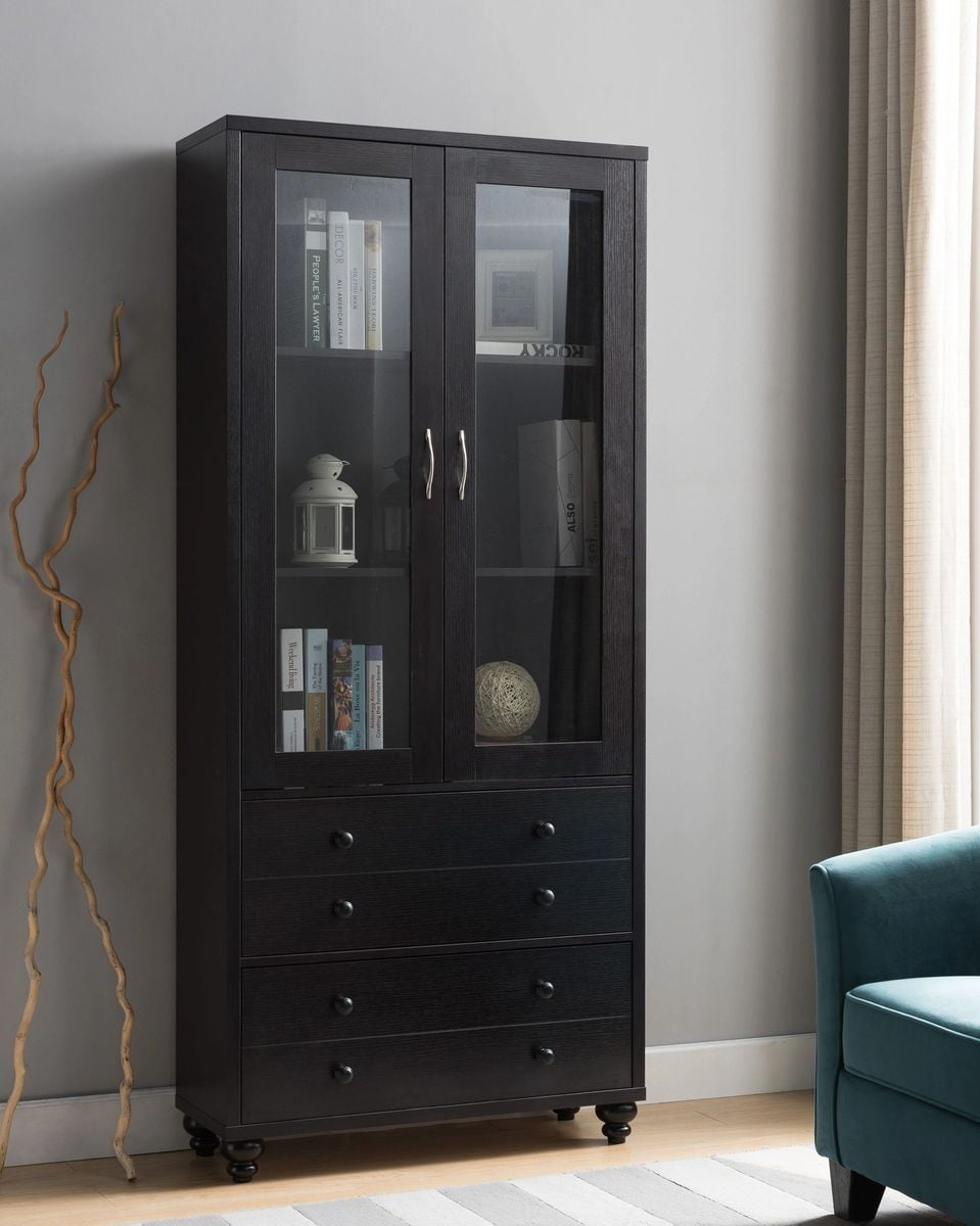 FC Design Bookcase with Glass Doors and Two Drawers in Red Cocoa Finish