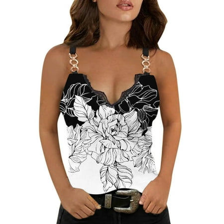 

Women Casual Spaghetti Straps Sleeveless Tee Cold Shoulder Tops V Neck Lace Trim Summer T Shirts Tunics Black Dressy Top Women Black Bra