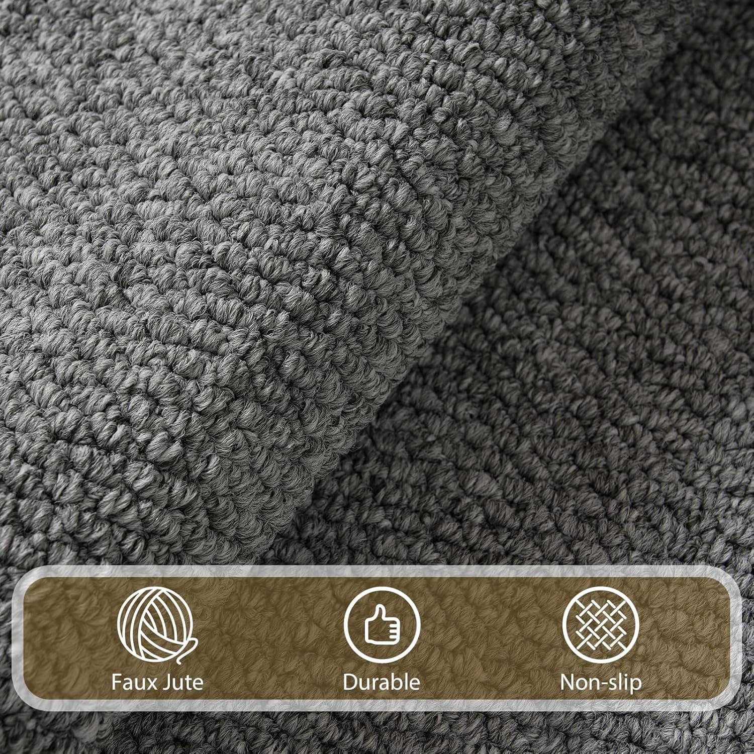 5x7 feet Faux Jute Area Rug, Washable Non-Slip Gray Farmhouse Carpet for Living Room, Bedroom, Dining Room, Hallway, Office & Entryway