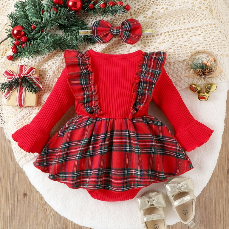 Baby Girls Christmas Long Sleeve Romper Dress Infant Ribbed Plaid