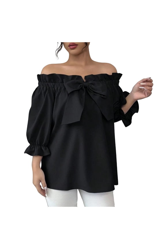 Women's Plus Size Off Shoulder Top Tie Front Layered Ruffle Bow Short Sleeve Blouse Top XXL