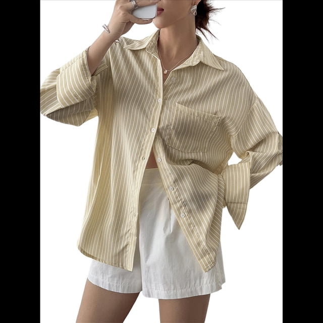 Camisas de Mujer con Botones, Camisas Formales A Rayas, Mangas Largas, Solapas, Camisas de Oficina, Blusas Caqui M