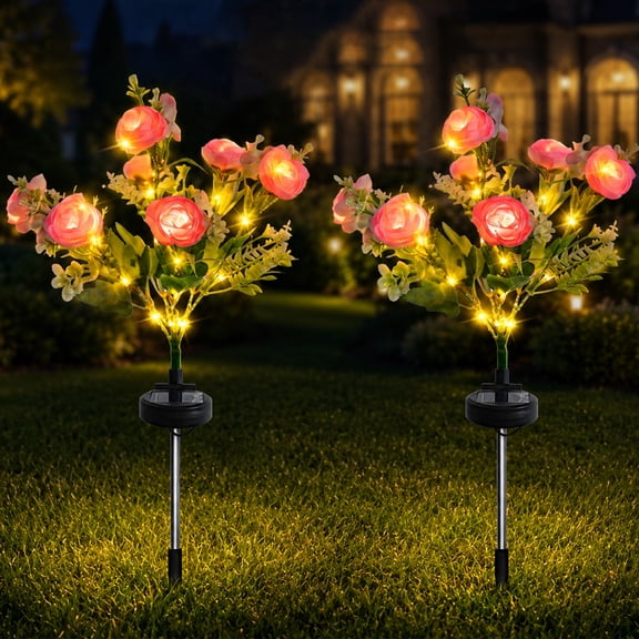 Rirool Solar Peony Flower Lights Outdoor 2 Pack, Pink Warm White LED Garden Lights Waterproof Auto On/Off Solar Decorative Lights for Yard Lawn Patio Pathway