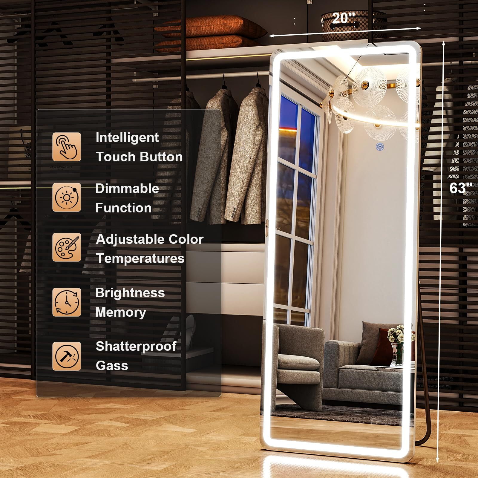 Anyrose 64"x21" Rectangular Full Length with LED Lights Mirror Wall Mounted Mirror， White