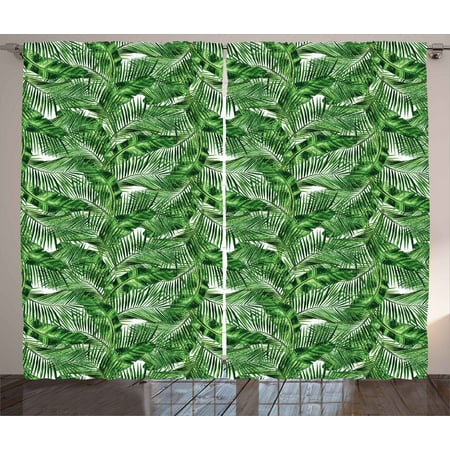 Zen Curtains 2 Panels Set, Tropical Plants Background Feng Shui Style Refreshing Arrangement Nature Pattern, Window Drapes for Living Room Bedroom, 108W X 96L Inches, Hunter Green, by
