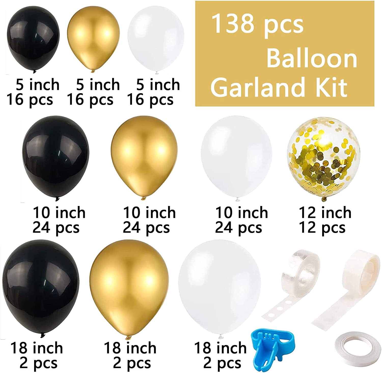 KIRIKOU 138pcs Black Gold and White Balloon Garland Arch Kit 18" 12" 10" 5" Chrome Metallic Confetti Pastel Latex Balloons for Birthday Wedding Baby Shower Party Decors