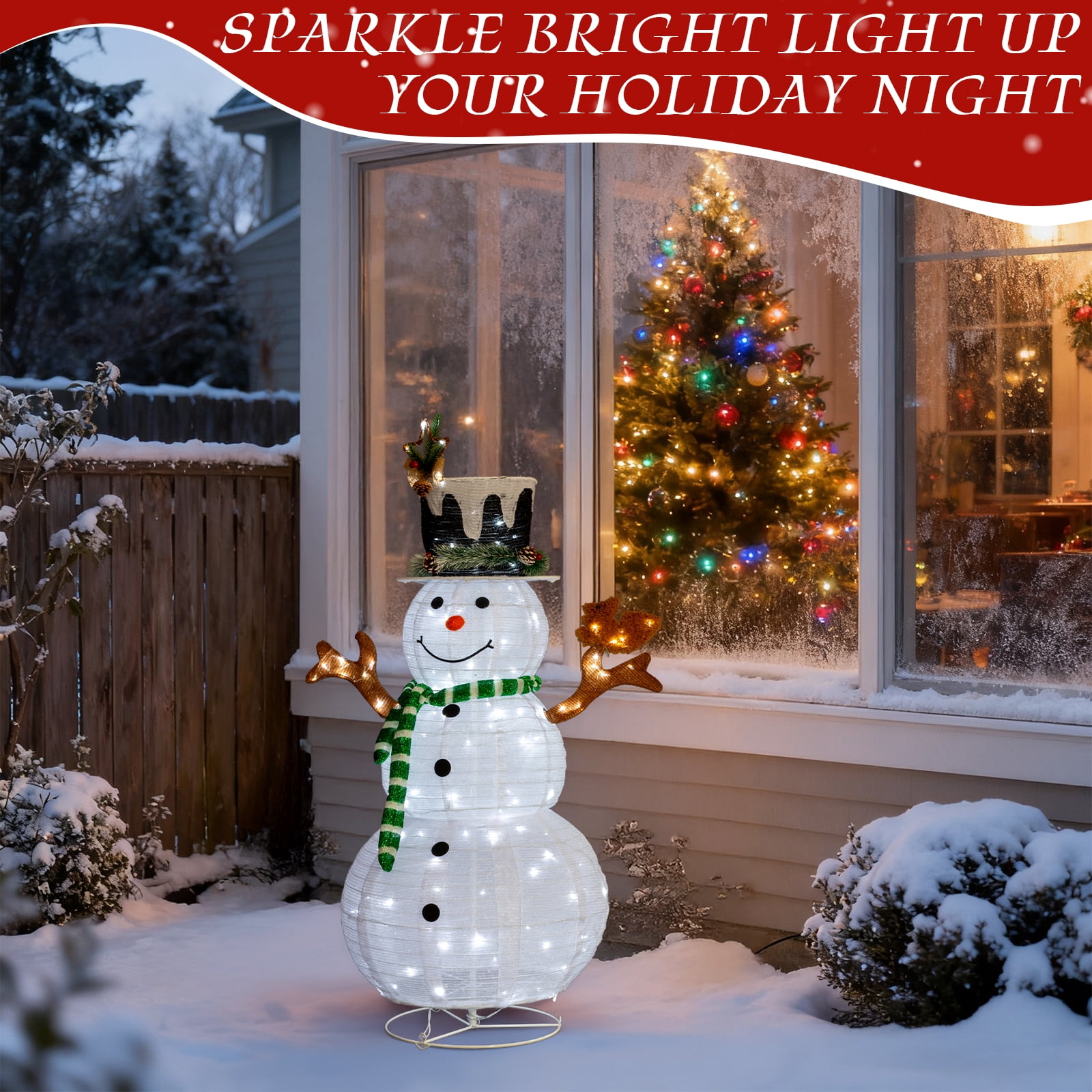 Astoutdoor 4 ft Lighted Snowman and Squirrel Christmas Yard Decoration, Pre-Lit with 120 White LEDs, Pull-Up Design, Indoor Outdoor Holiday Display