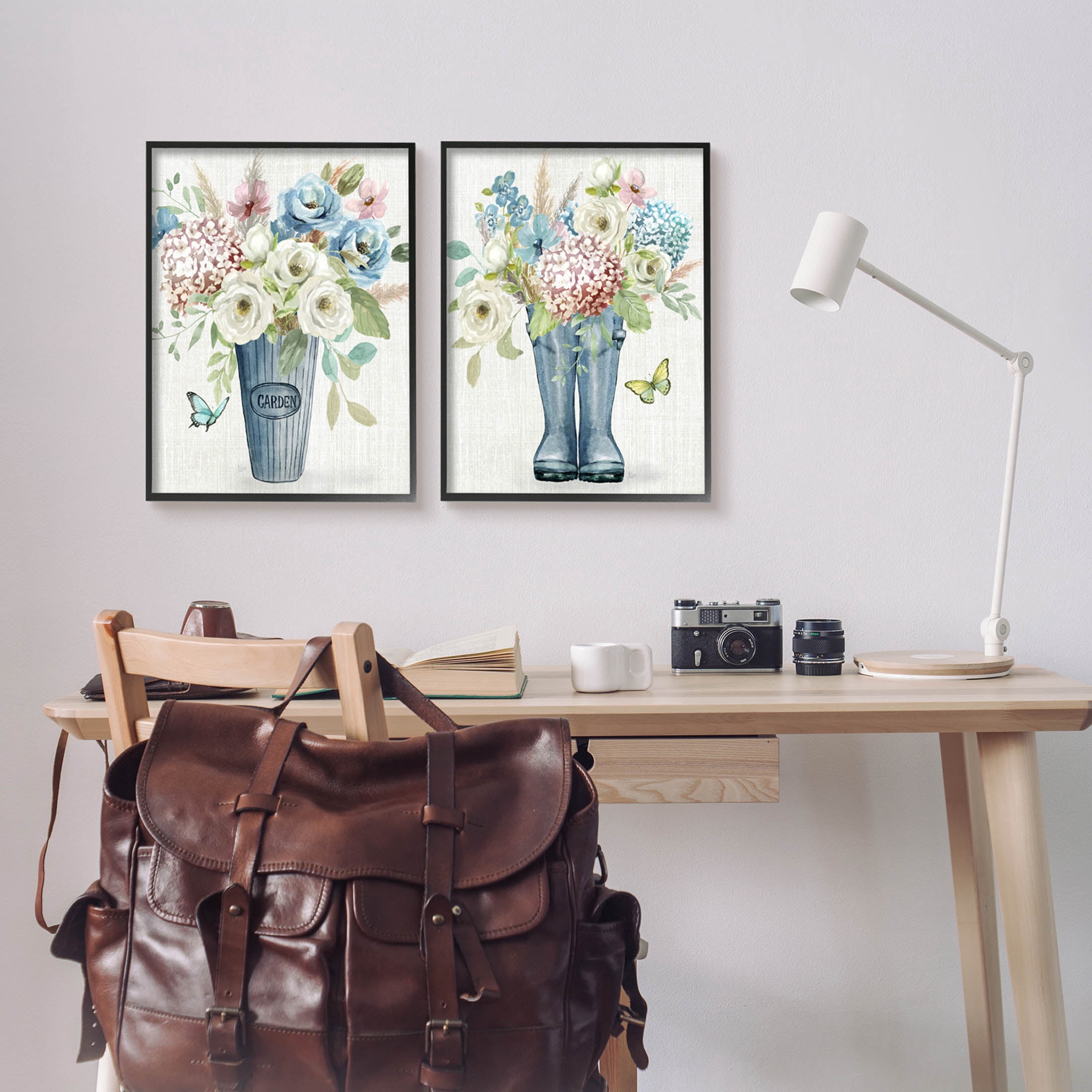 Country Garden Bouquets Rain Boots Botanical & Floral Graphic Art Black Framed Art Print Wall Art, Set of 2