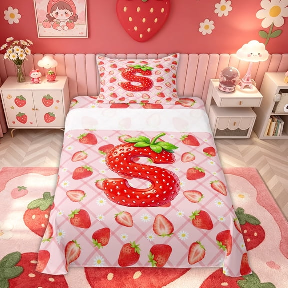 meiyoeat Strawberry Letter S Twin Sheets for Kids, Princess Buffalo Bedding for Bedroom, Pink, 3-Piece, 1 Flat Sheet, 1 Fitted Sheet and 1 Pillowcase