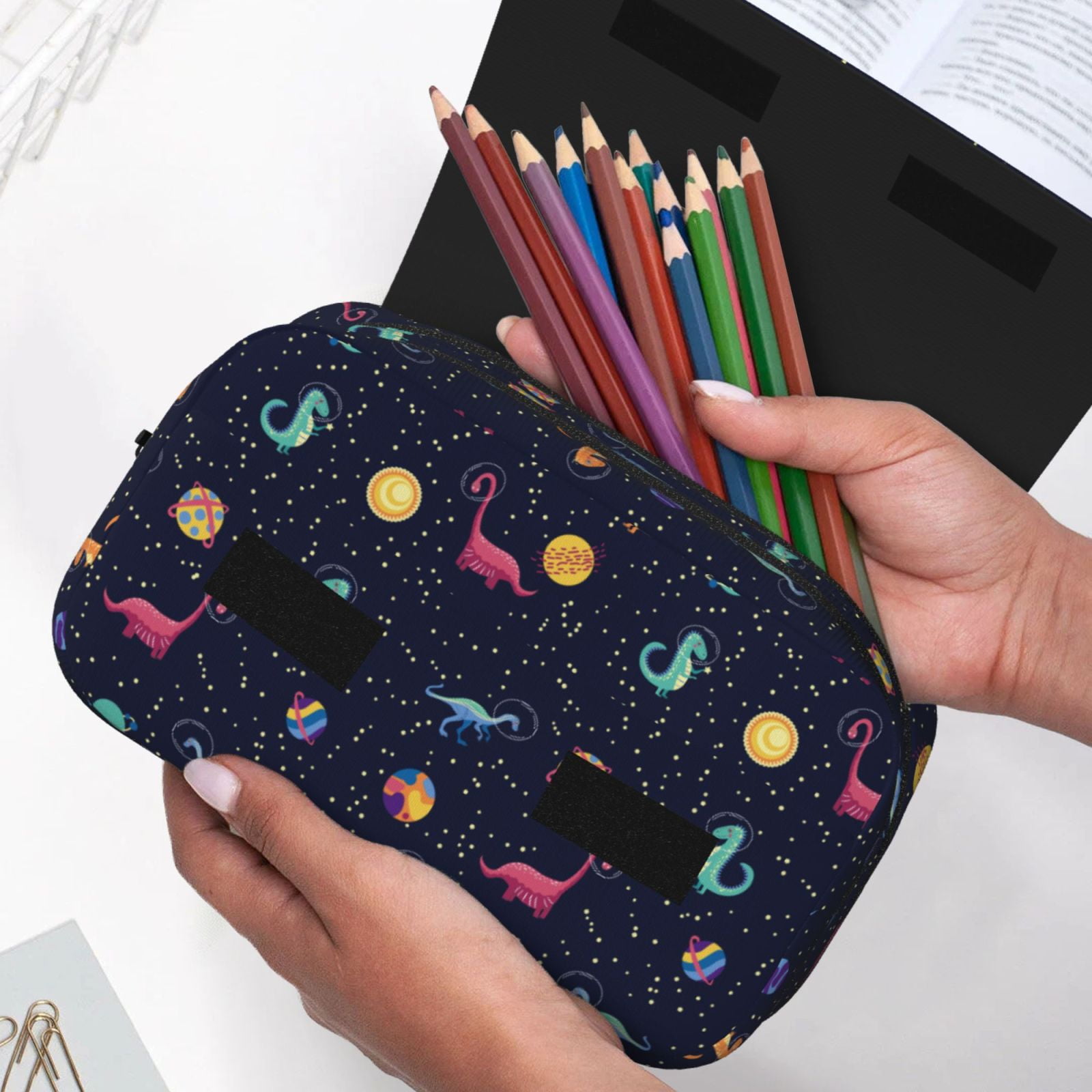 Rateoe Space Dinosaur Pattern Double Clamshell Pen Case, Storage Organizer with Two Zipper Compartments– Holds Up to 50 Pencils & Pens
