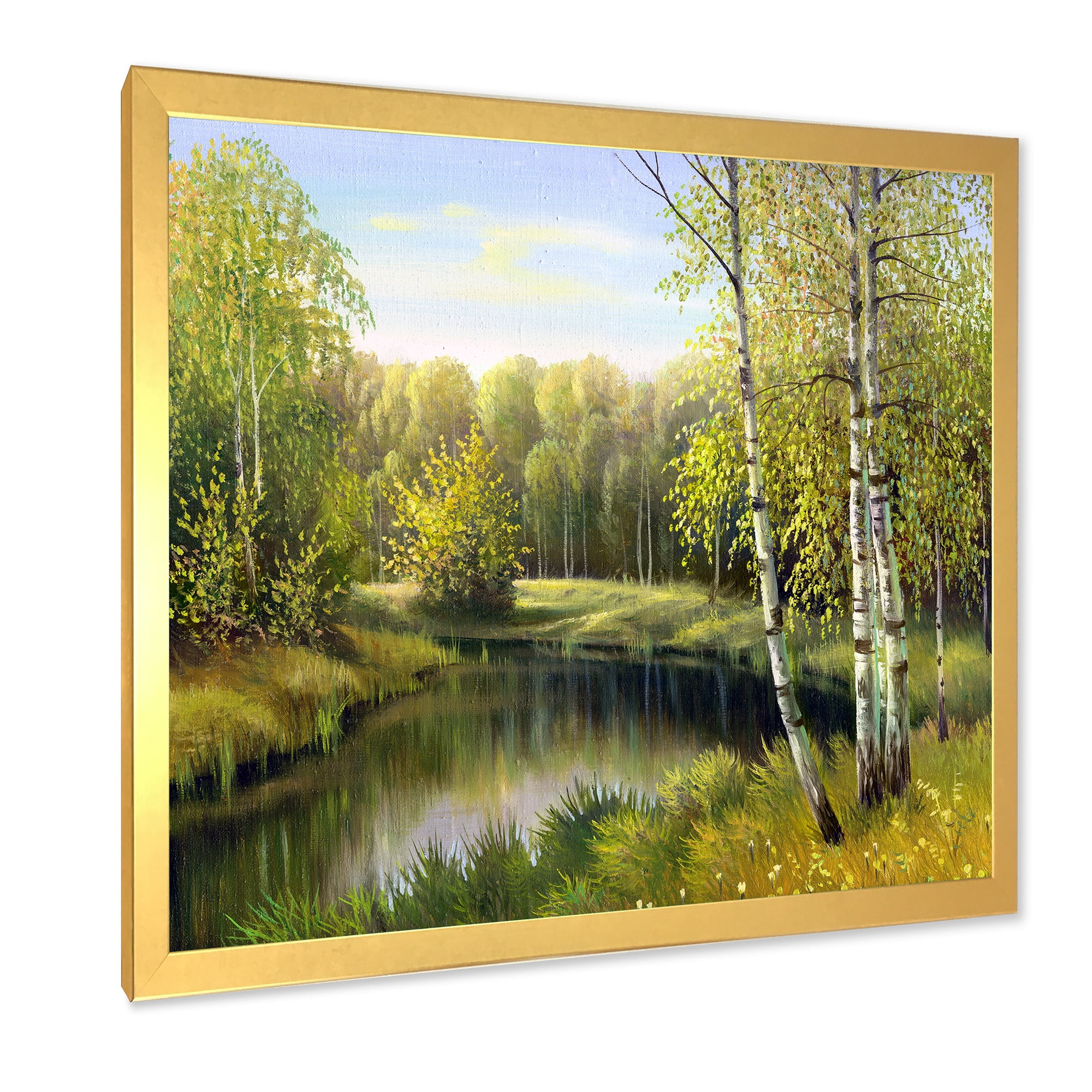Designart 'The River In Silent Green Nature Through Birches' Traditional Framed Art Print