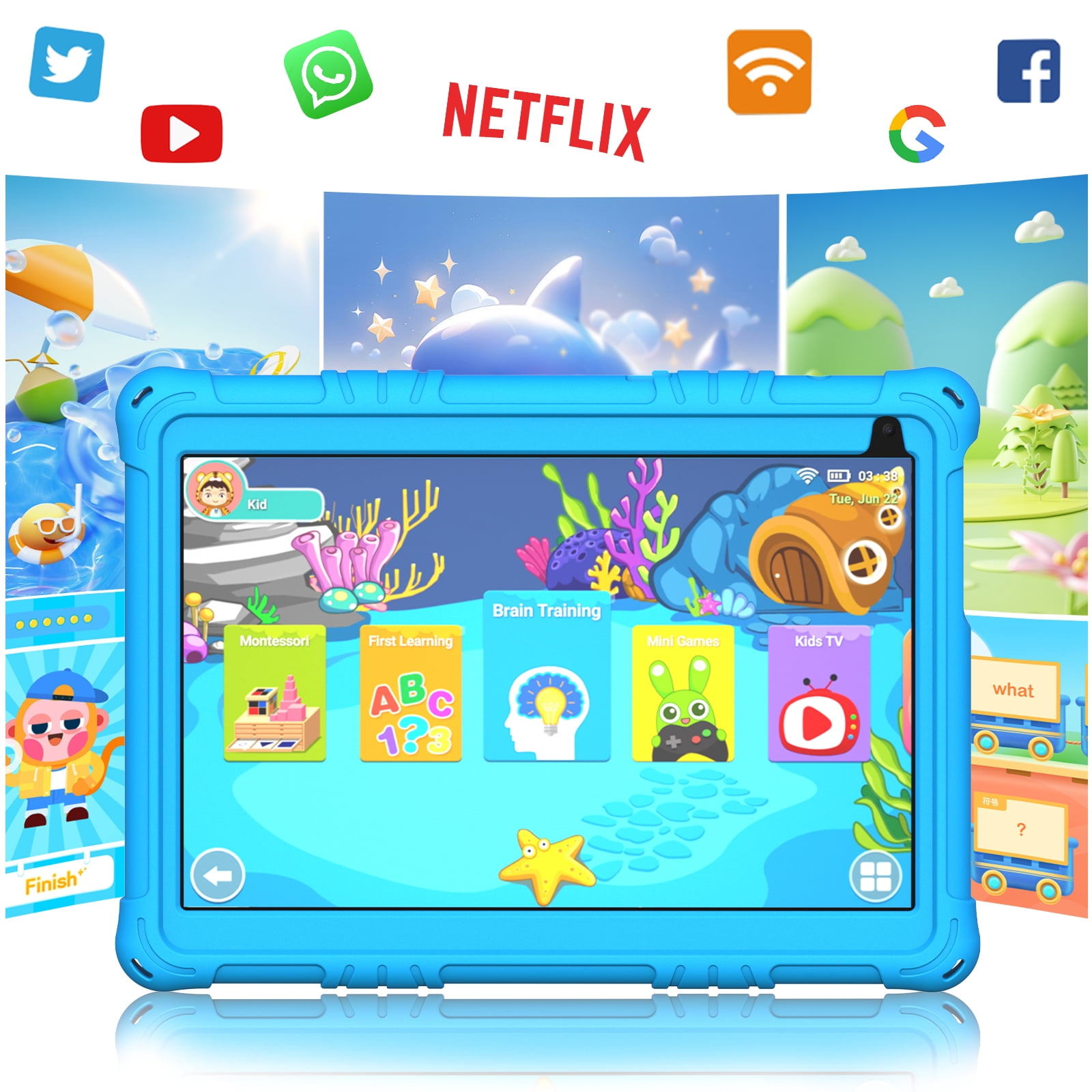 Peicheng Tablet for Kids, 10" Android 15 Kids Tablet with EVA Case, Parental Control Pre-Installed Education Apps, 6(2+4)GB RAM 32GB Storage 6000mAh WiFi 6, Front 2MP+Back 8MP Dual Cameras - Blue