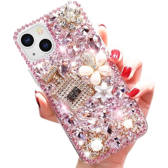 iPhone 13 Luxury Bling Glitter Case, Diamond Rhinestone 3D Perfume Bottle & Flower, Soft TPU Cover for Women & Girls