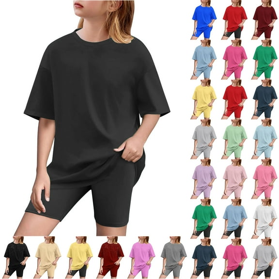 JTSRKL Summer Girls 2 Piece Athletic Outfits Clothes Casual Solid Color Drop Shoulder Short Sleeve Crewneck Basic Tees T-Shirts and Biker Shorts Kids Fashion Clothing Sets A-Blue#01 5-6 Years