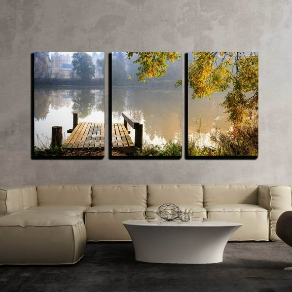wall26 - 3 Piece Canvas Wall Art - Autumn Landscape with Mist on The Lake and a Pier Bathing on Sunshine - Modern Home Art Stretched and Framed Ready to Hang - 24"x36"x3 Panels