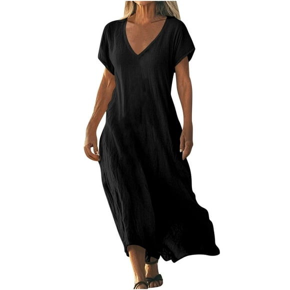 UPPADA Women's Summer Plus Size Dress Cotton Linen Flowy Maxi Dress Short Sleeve Casual Sundress V Neck Waist Wrap Dresses Flowy Beach Dress,Sundresses for Women Beach Resort Black,XL