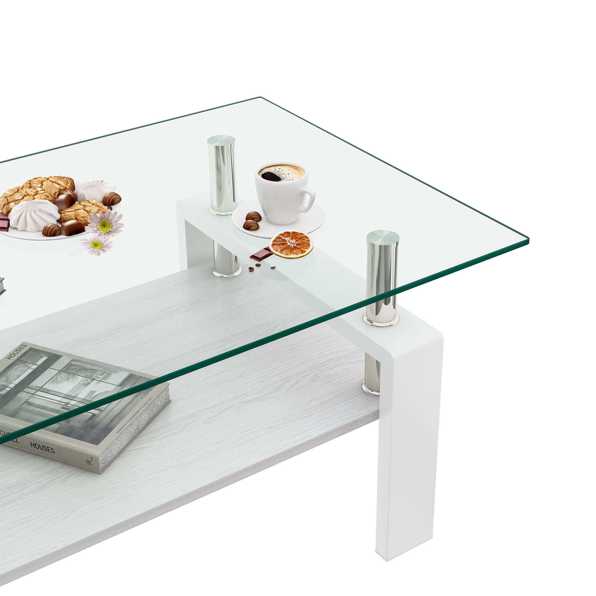 MAYEERTY Rectangle Coffee Table with Transparent Tempered Glass & MDF Shelf