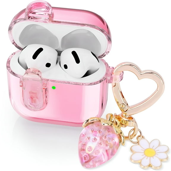 GJX Clear Case with Lock Compatible with AirPods 4 Cases 2024, Cute Soft TPU Transparent Case for AirPods 4th Generation with Strawberries Keychain