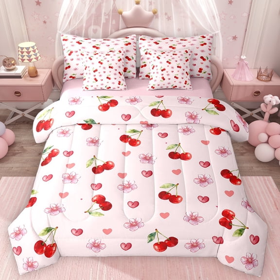 Erosebridal Chic Cherry Blossoms Twin Bedding Sets for Girls, Cherry Print Bedding Comforter Set, Pink Reversible, 7 Pieces