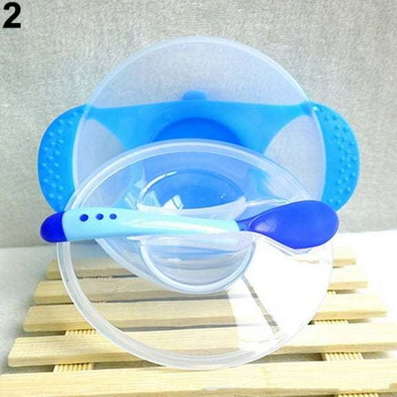 Farfi 1 Set Baby Suction Bowl Temperature Color Changing Spoon Feeding Tableware Tool (Blue)