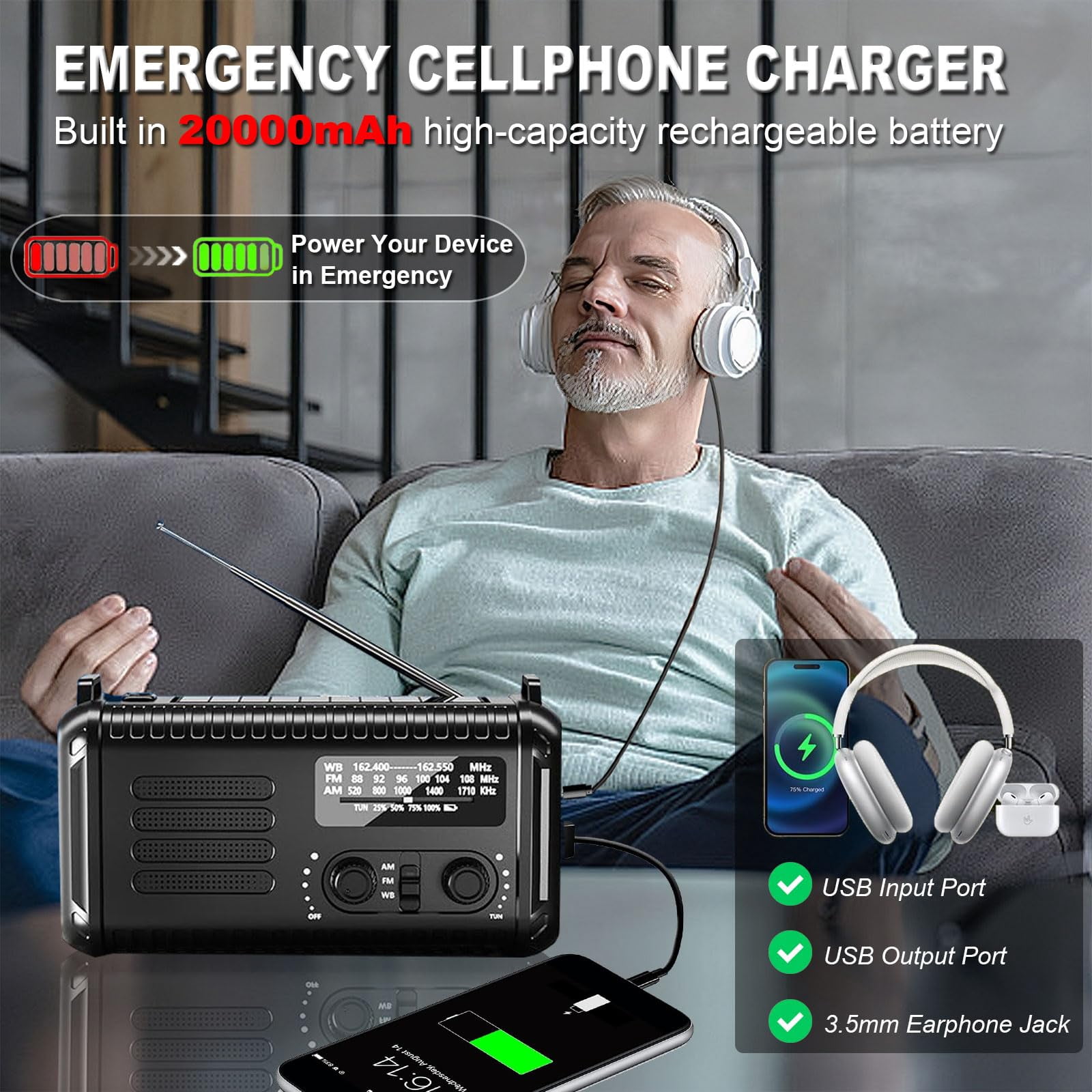 20000mah/ 74000mwh Hand Crank Emergency Radio  Am/fm/noaa Weather Solar With Usb Phone Reading Lamp Flashlight & Sos For (black)