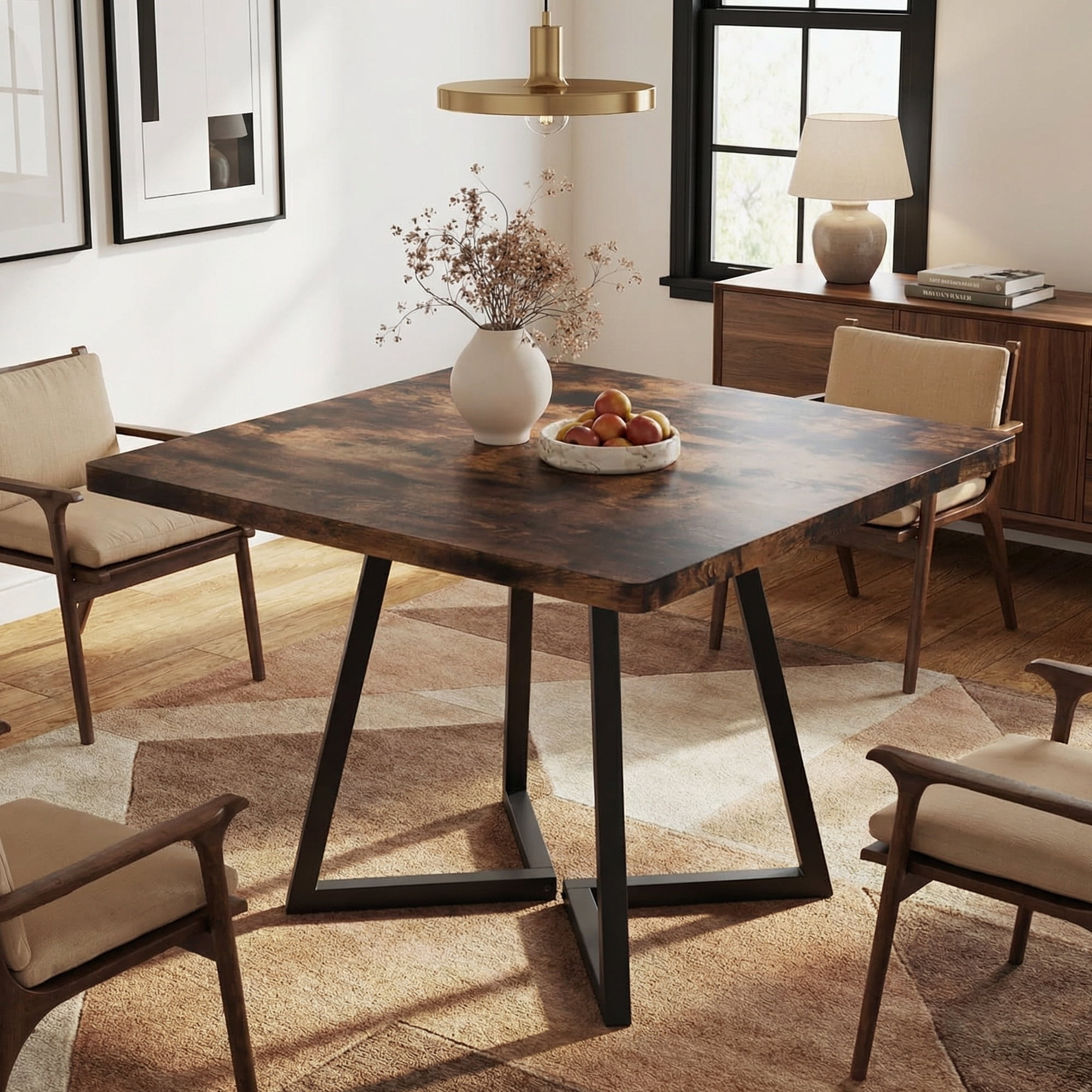 31.5 Inch Square Dining Table, Industrial Style Small Kitchen Table With Sturdy Black Metal Base, Space-Saving Dinner Table For 2-4 People, Brown Finish For Rustic Home Decor