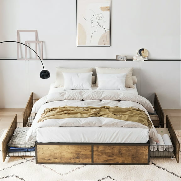 Amolife Full Size Platform Storage Bed Frame with 4 XL Drawers, Metal Slat Support, Brown