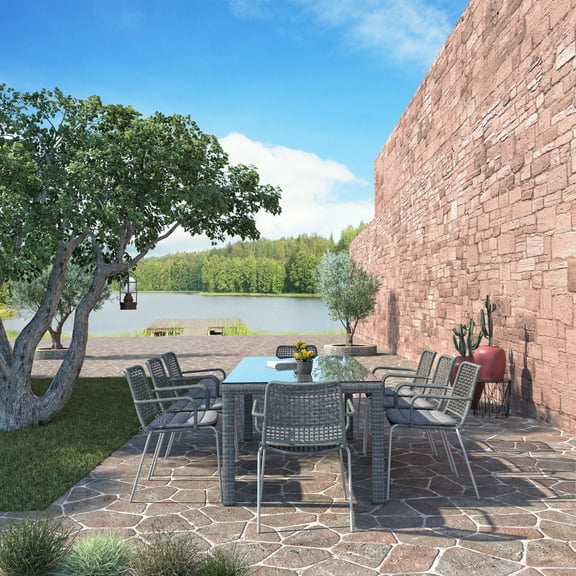 Amazonia Vierzon 9-Piece Patio Rectangular Dining Table Set, Wicker Table, Ideal for Outdoors and Indoors, Grey Cushions