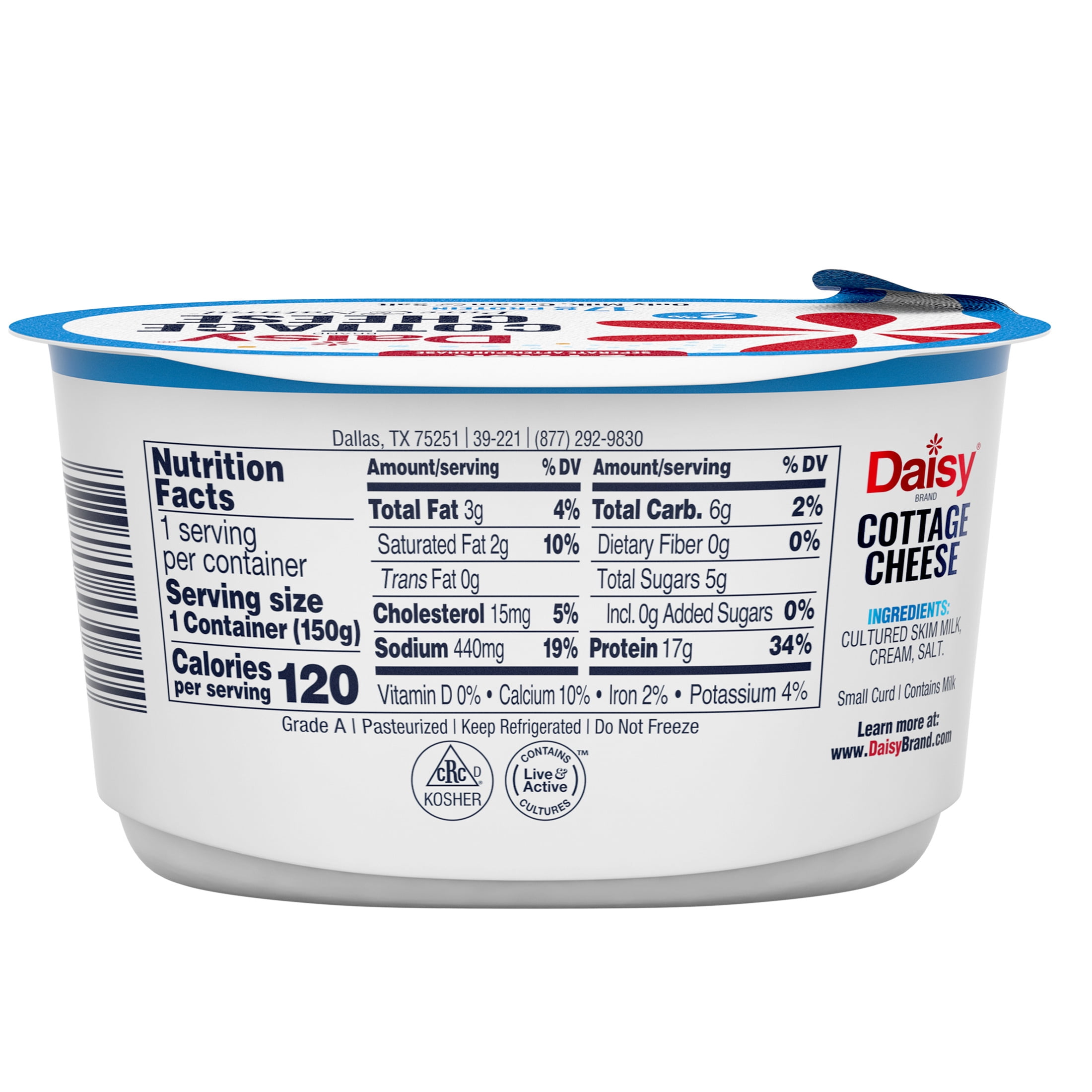 Daisy Pure and Natural Low Fat Cottage Cheese, 2% Milkfat, 2-Pack 5.3 oz Cups (Refrigerated) - 17g of Protein per Serving