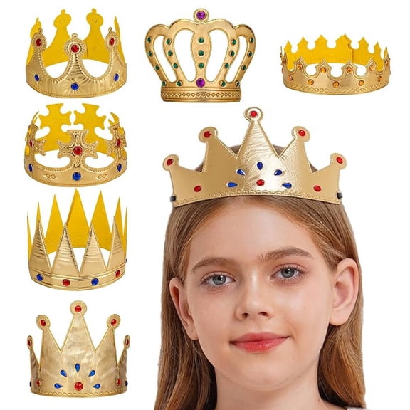 6 Pcs Birthday King Crowns, Royal Prince Costume Crown, Golden King Crown Hat Cap with Gems for Birthday Party Decoration Supplies