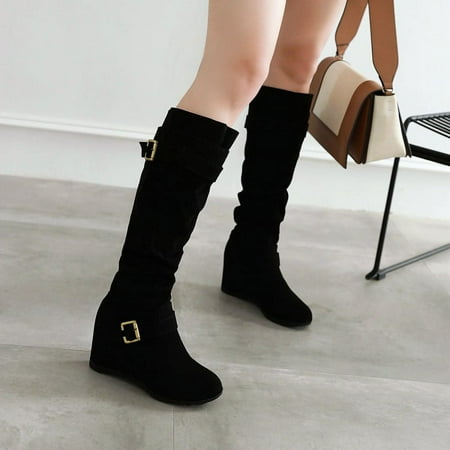 

autumn and winter New Korean style wedge boots frosted suede high heel hidden height belt buckle Knight boots 6664