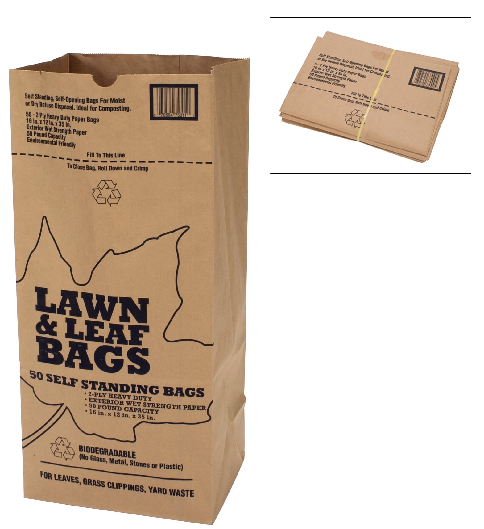 50 Piece BAG 16 x 12 x 35 in 50 lbs Kraft Paper Lawn & Leaf Bag Wet-Strength