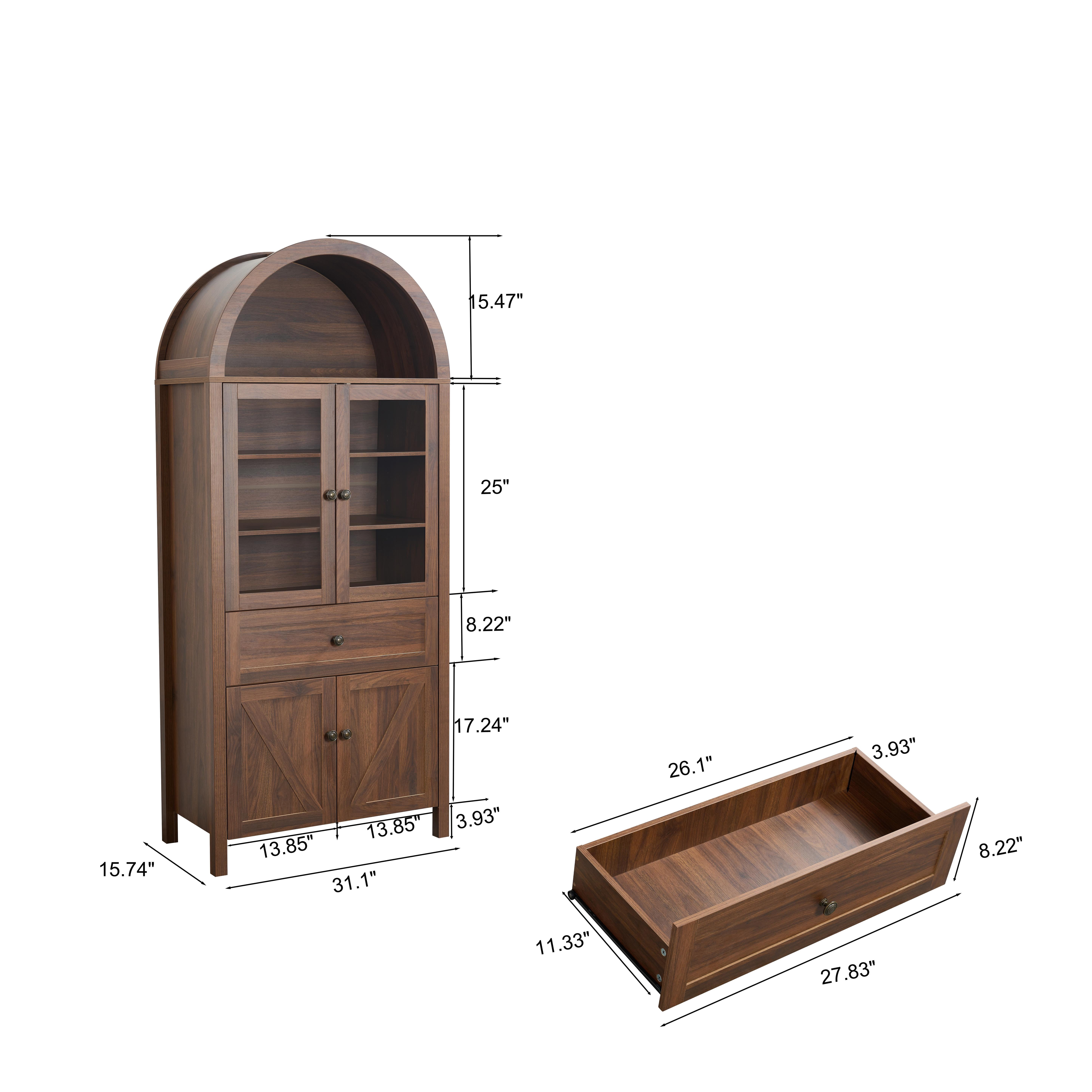 PAPROOS 71'' Arched Pantry Storage Cabinet, Kitchen Pantry Cabinet with Drawers and Doors, Adjustable Shelves, Display Cabinet for Dining Room Living Room, Walnut Brown
