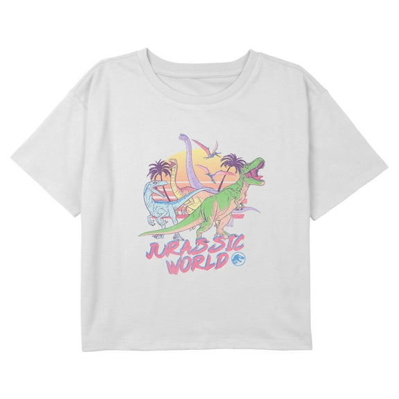 Girls Jurassic World Retro Dino Landscape Graphic Cropped T-Shirt