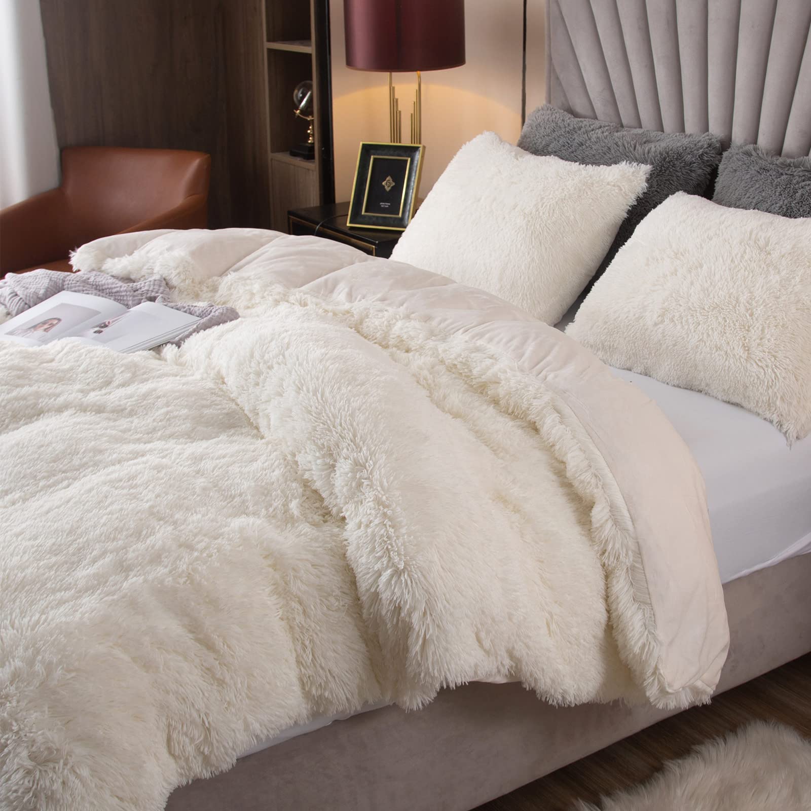 Plush Shaggy Fuzzy Duvet Cover Set White Cow Print Soft Crystal Velvet Twin Bedding Set (1 Faux Fur Duvet Cover + 1 Faux Fur Pillowcases)