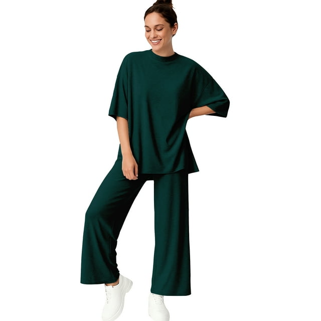 Moomaya Womens 2 Piece Lounge Set - Split Hem Tunic Top and Soft Pants with Pockets - Maternity Friendly Loungewear Set