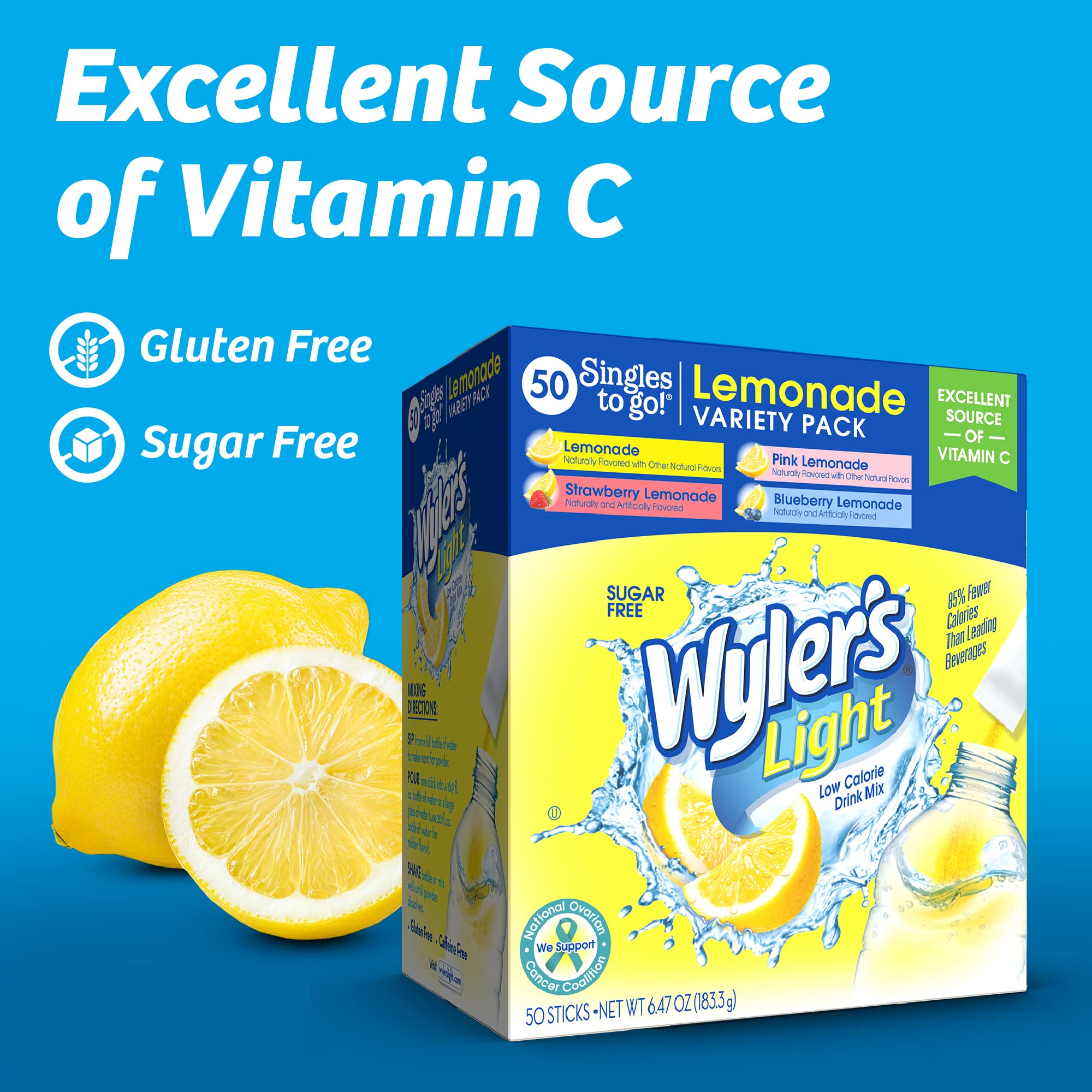 2 Pack-Wylers Light Singles To Go Powder Packets, Water Drink Mix, Variety Pack, Pink, Strawberry & Blueberry Lemonade, Sugar & Caffeine Free, On-The-Go, 40 Count