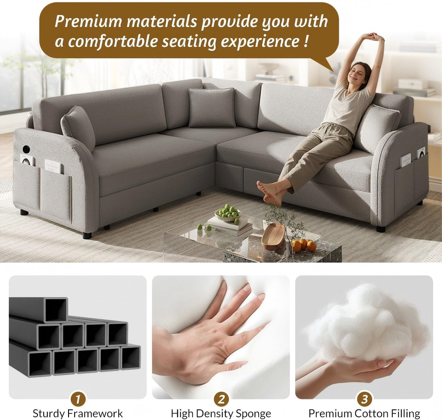 Howcool 85.1" L-Shaped Sectional Sleeper Sofa, 5-Seat Pull Out Couch Bed with USB Ports & Side Pockets, Teddy Fabric Convertible Sofa for Living Room, Light Grey