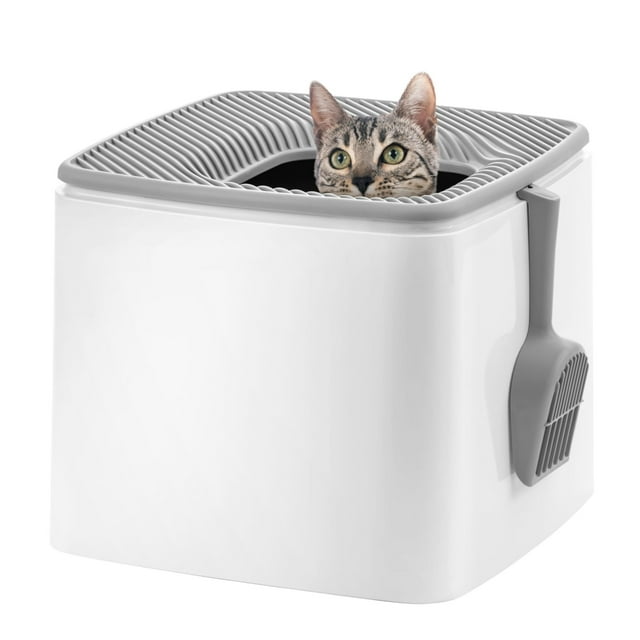 Arenero premium para gatos con entrada superior y pala, caja cuadrada para gatos, arenero para gatitos, Blanco/Gris