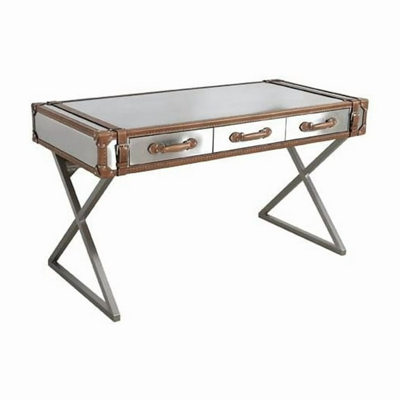 Pasargad Home Brookline Stainless Steel with Genuine Leather Desk, Brown